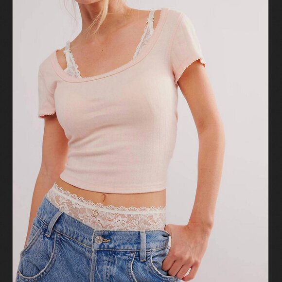 Free People End Game Pointelle Baby Tee L - Picture 1 of 4